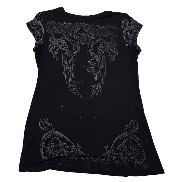 Y2K Cross Angel Wings Bling Top Shirt Cap Sleeve Women's One Size Super Stretch - Picture 3 of 5